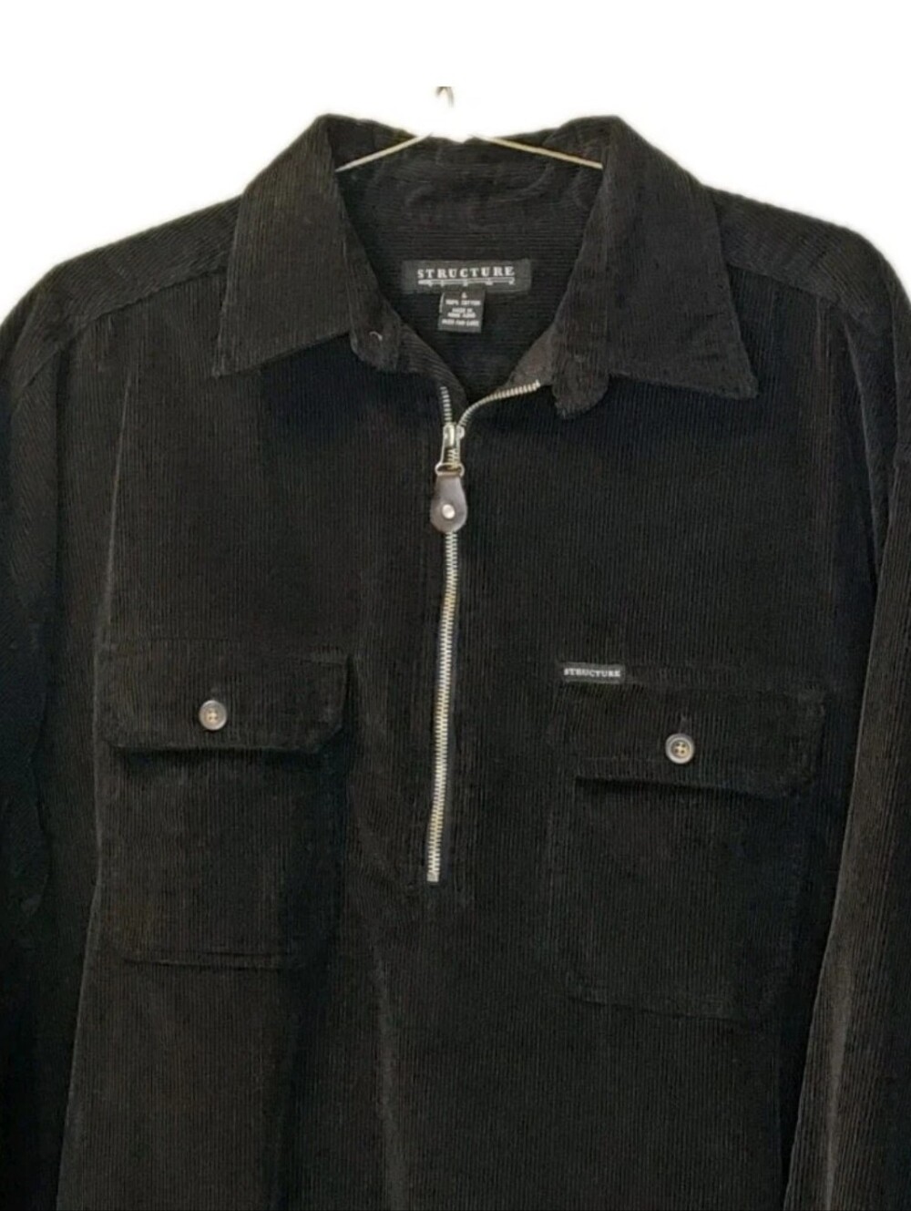 Vtg 80s Structure Qtr Zip Pullover Corduroy Shirt Jacket Men L Black Loop Collar